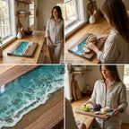 Wooden serving board with a resin ocean design. The board features a rectangular shape with a dark wood frame and a turquoise and white resin center, resembling ocean waves. The board is used for serving food.