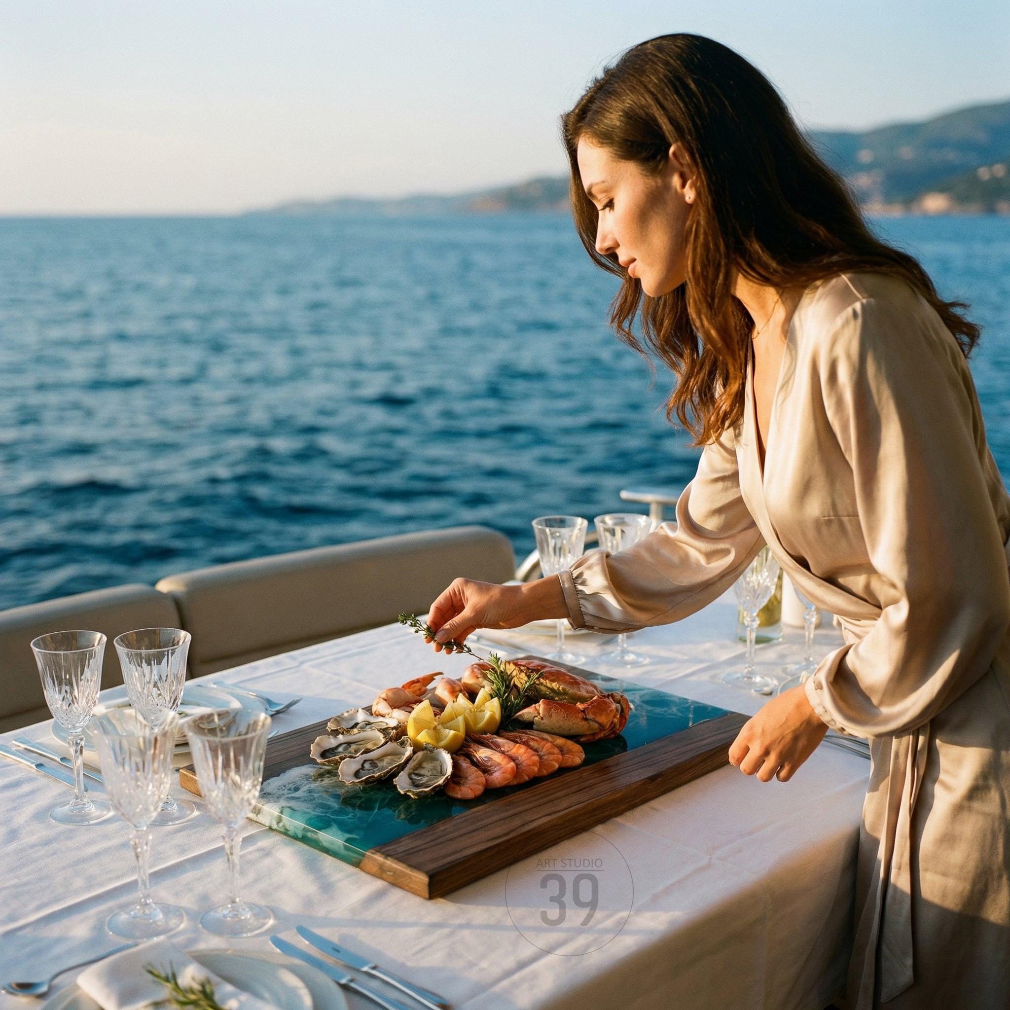 A wooden serving board with a blue resin center holds a seafood platter with oysters, shrimp, crab, and lemon slices. The board sits on a white tablecloth with crystal glasses and silverware. A person is arranging the food.