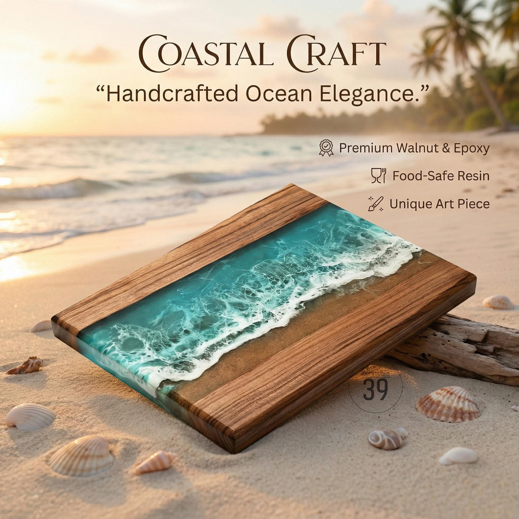 Wooden serving board with a turquoise resin ocean design. The board features a rectangular shape with a walnut frame and a wave-like pattern in the center. The text "COASTAL CRAFT" and "Handcrafted Ocean Elegance" are visible.