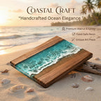 Wooden serving board with a turquoise resin ocean design. The board features a rectangular shape with a walnut frame and a wave-like pattern in the center. The text "COASTAL CRAFT" and "Handcrafted Ocean Elegance" are visible.