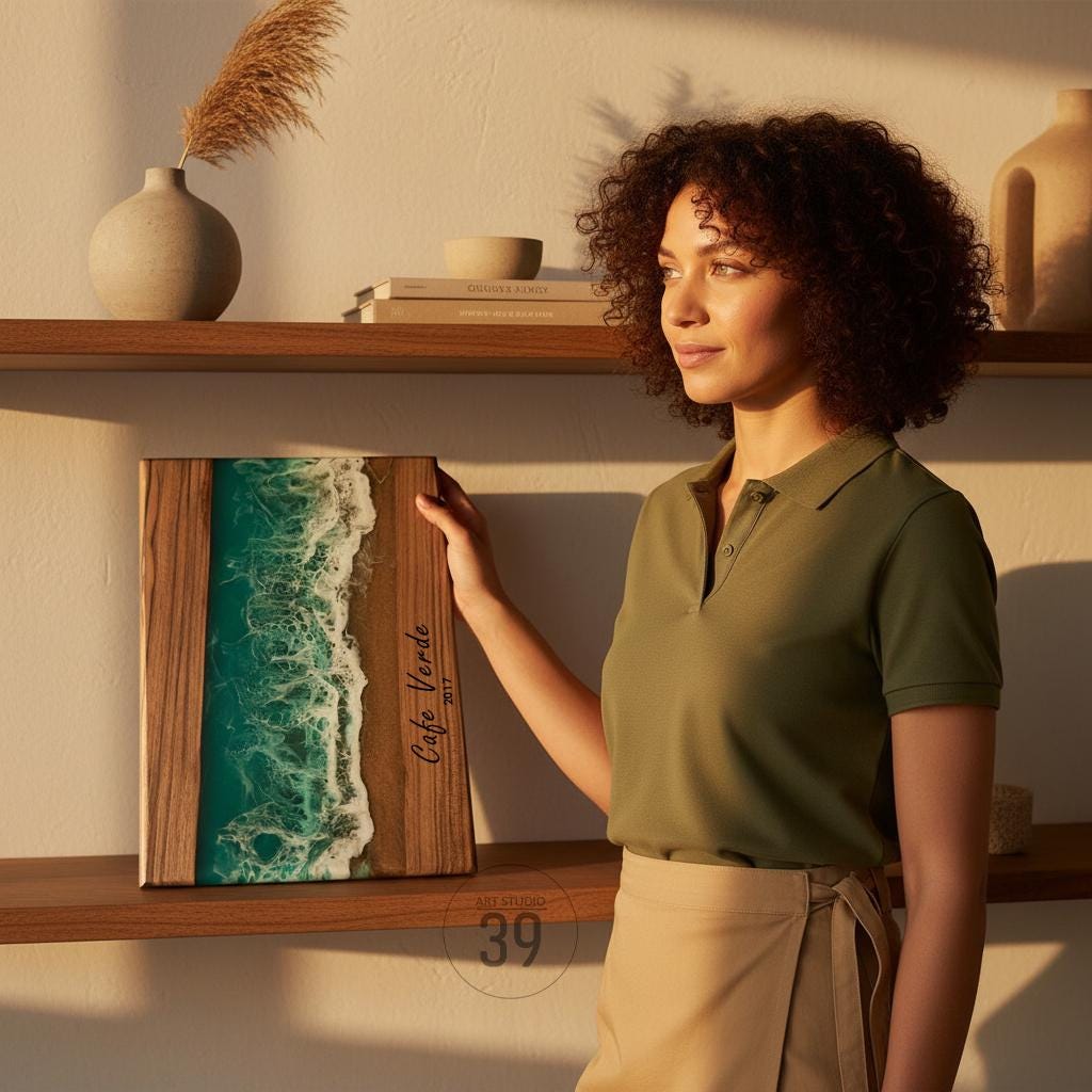 A wooden wall art piece featuring a beach scene with turquoise water and white waves. The artwork has a wooden frame and the text "Cafe Verde 2017". The art is displayed on a wooden shelf.