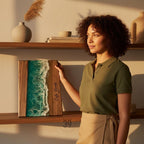 A wooden wall art piece featuring a beach scene with turquoise water and white waves. The artwork has a wooden frame and the text "Cafe Verde 2017". The art is displayed on a wooden shelf.