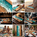 Wooden serving boards with a unique ocean wave design. The boards feature a combination of natural wood and a turquoise resin that mimics the look of ocean waves. Ideal for serving food or as decorative pieces.