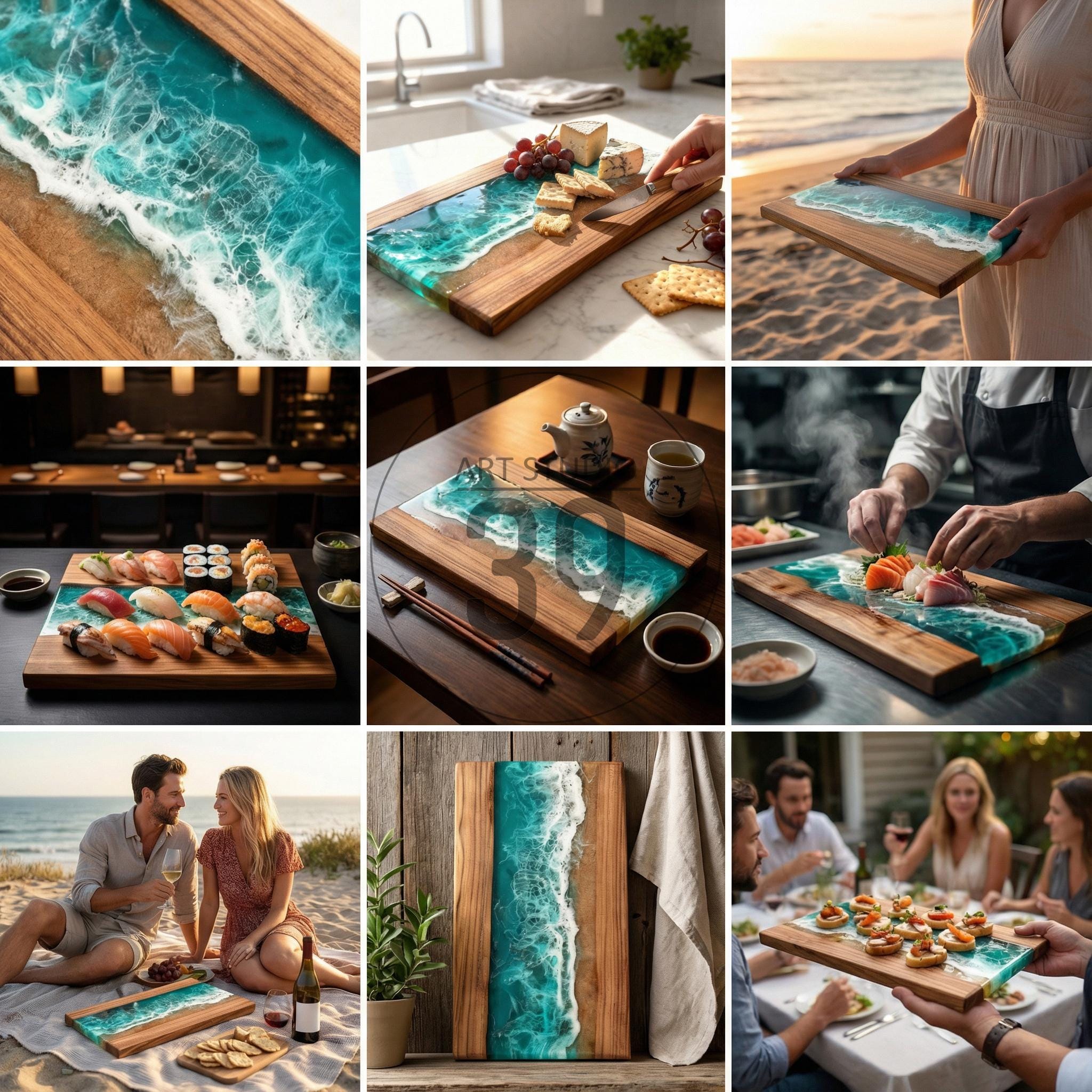 Wooden serving boards with a unique ocean wave design. The boards feature a combination of natural wood and a turquoise resin that mimics the look of ocean waves. Ideal for serving food or as decorative pieces.