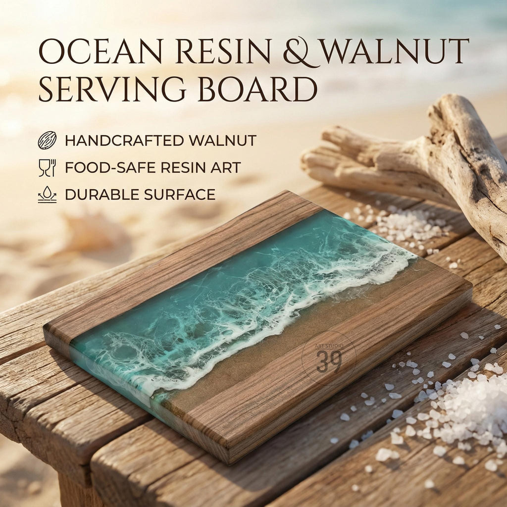 Ocean resin and walnut serving board. The rectangular board features a wood frame with a turquoise resin center, mimicking ocean waves. The board has the text "Ocean Resin &amp; Walnut Serving Board", "Handcrafted Walnut", "Food-Safe Resin Art", and "Durable Surface".