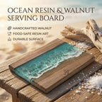Ocean resin and walnut serving board. The rectangular board features a wood frame with a turquoise resin center, mimicking ocean waves. The board has the text "Ocean Resin &amp; Walnut Serving Board", "Handcrafted Walnut", "Food-Safe Resin Art", and "Durable Surface".