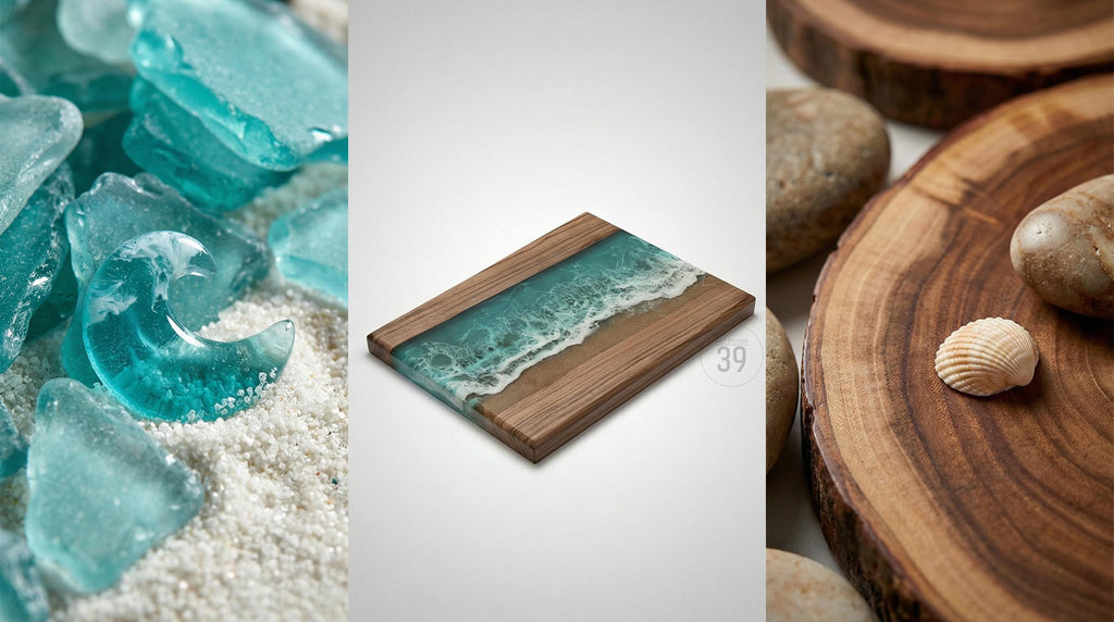 A wooden serving board with a resin ocean design. The board features a rectangular shape with a light brown wood border and a turquoise resin center depicting ocean waves. The image also includes sea glass and wood slices.