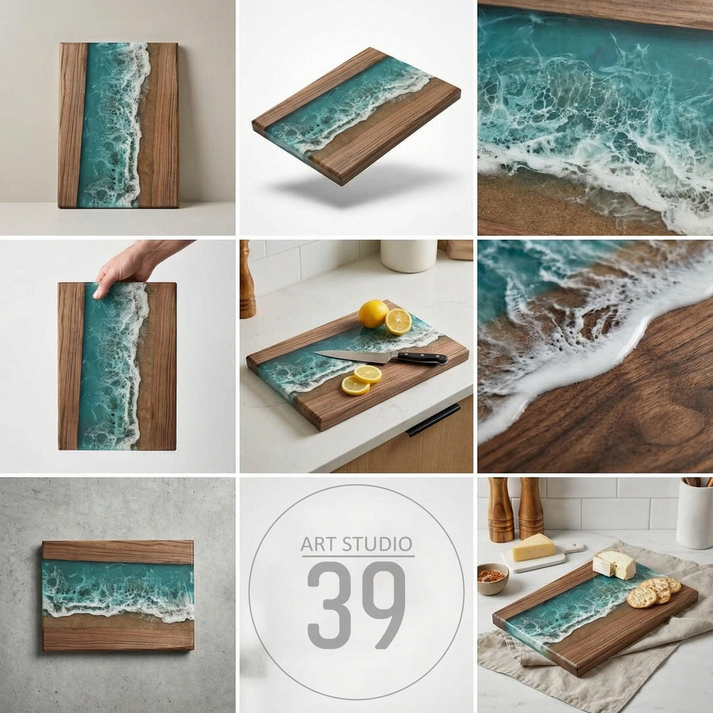 A rectangular wooden cutting board with a turquoise resin design resembling ocean waves. The board is made of dark wood and features a white foamy wave effect. The design is centered, creating a unique kitchen accessory.