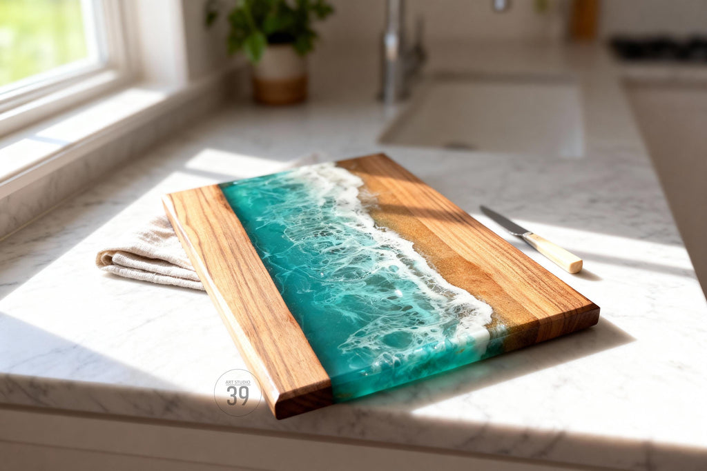A rectangular wooden cutting board with a turquoise resin wave design. The board has a natural wood grain finish on one side and a simulated ocean wave on the other. A small knife rests on the counter next to the board.