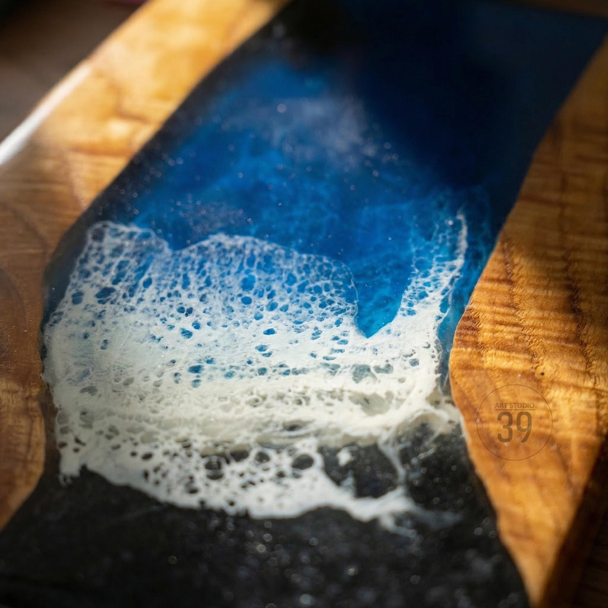 Dark Ocean Walnut Resin Serving Board with Obsidian Beach – Charcuterie Cheese Board 24x32 cm