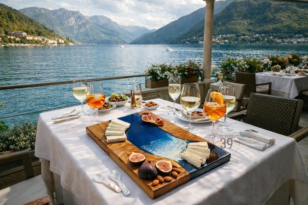 A table set for a meal with a scenic lake and mountain backdrop. The table features a wooden serving board with cheese, figs, and nuts, alongside wine glasses and small dishes of food. The scene is outdoors.