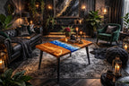 A luxurious living room with a black leather sofa, green velvet armchair, and a wooden coffee table with a blue resin design. The room is decorated with candles, plants, and a dark, ornate rug, creating a moody atmosphere.