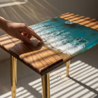 Bright Ocean Walnut Coffee Table – Real Sand Beach Resin Wood – Handmade Coastal River Table