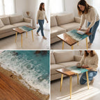 Bright Ocean Walnut Coffee Table – Real Sand Beach Resin Wood – Handmade Coastal River Table