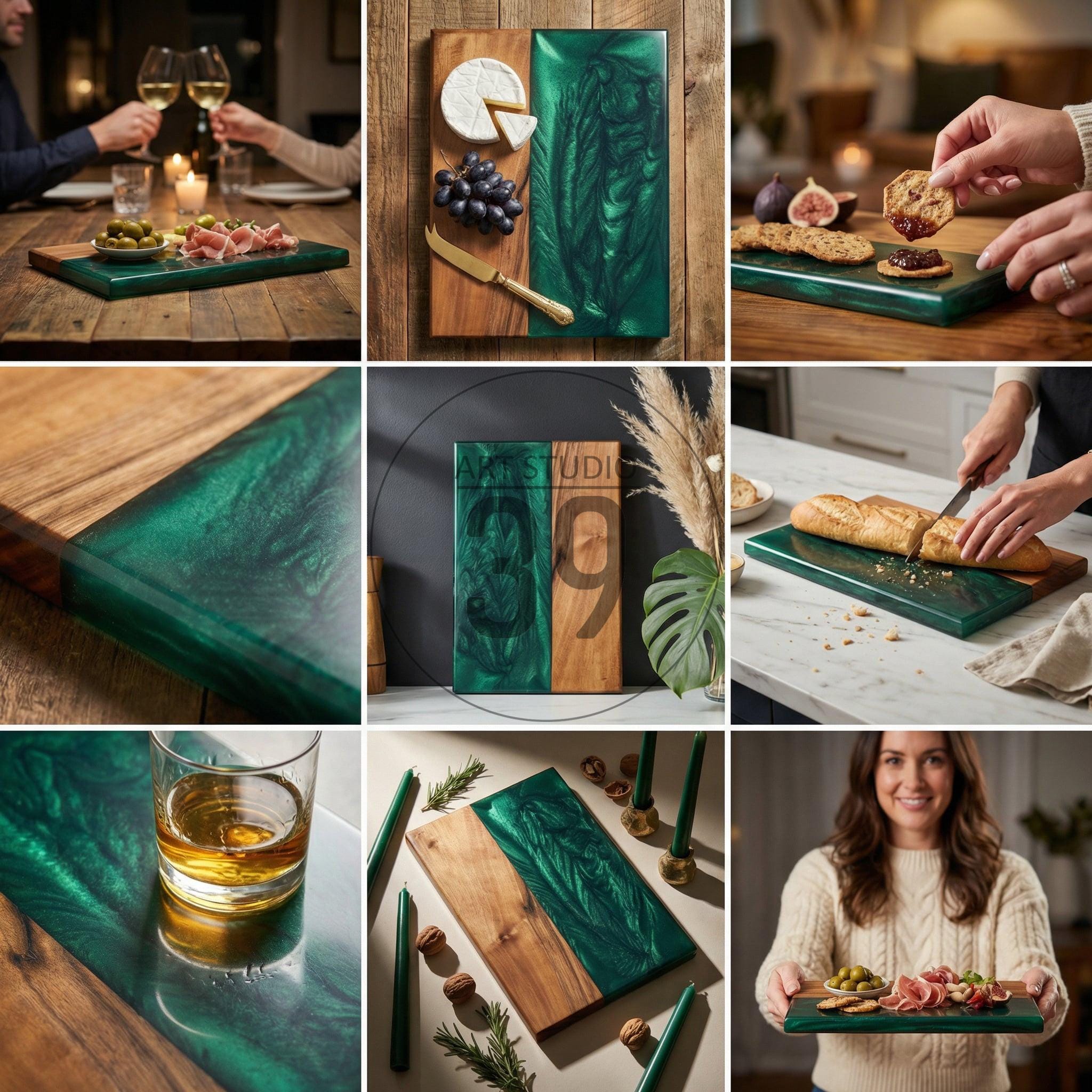 Wooden serving boards with a dark green epoxy resin design. The boards are rectangular and feature a combination of natural wood and a glossy, swirled resin. Some boards are used to serve food, such as cheese, grapes, and olives.