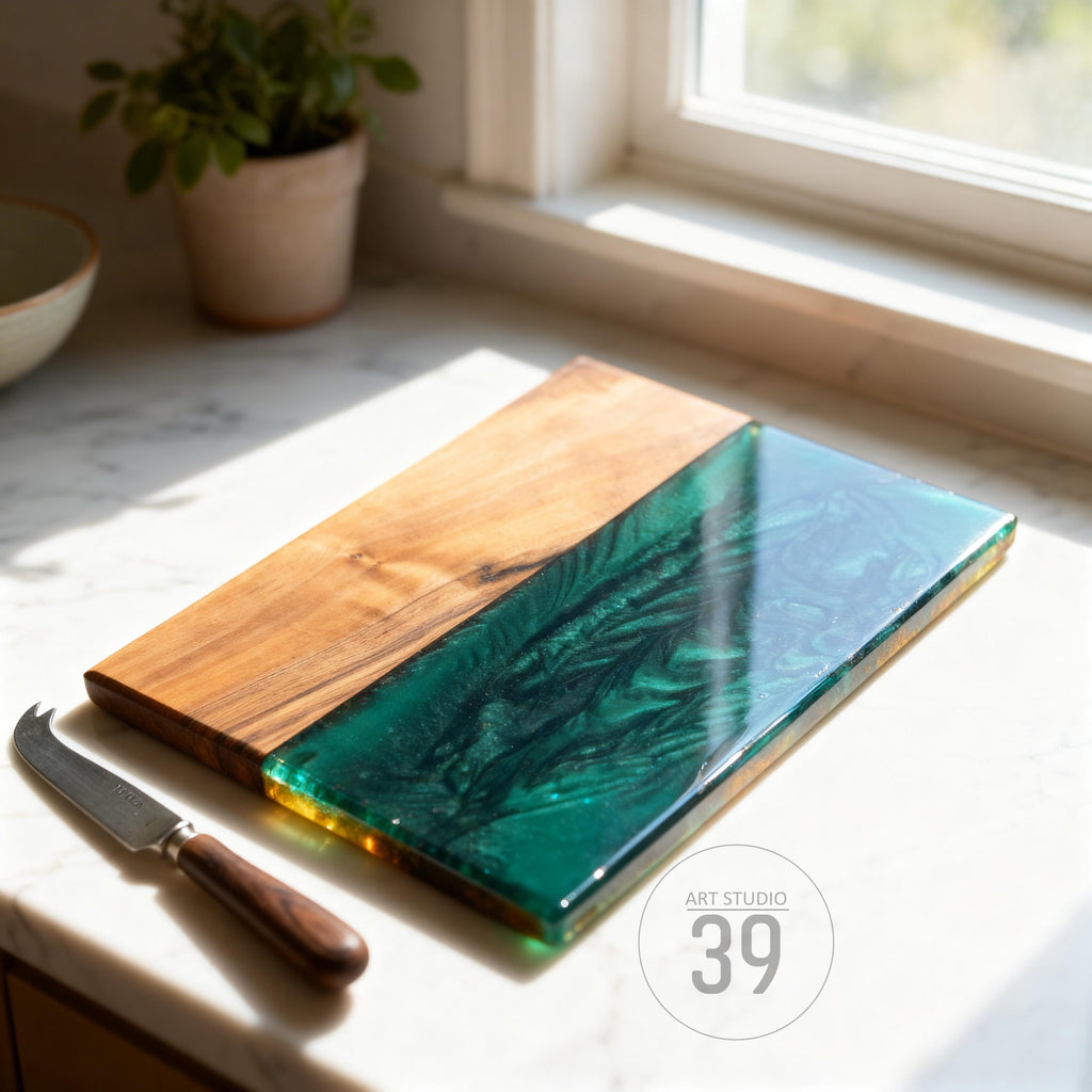 A wooden cutting board with a vibrant green epoxy resin section. A cheese knife with a wooden handle rests beside the board. The board is on a white countertop. The text "ART STUDIO 39" is in a circle on the bottom right.