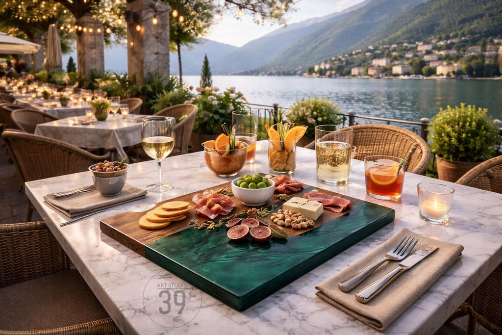 A beautifully set table at an outdoor restaurant overlooking a lake. The table features a charcuterie board with meats, cheeses, and figs, along with drinks and a lit candle. The scene is bathed in warm, golden light.