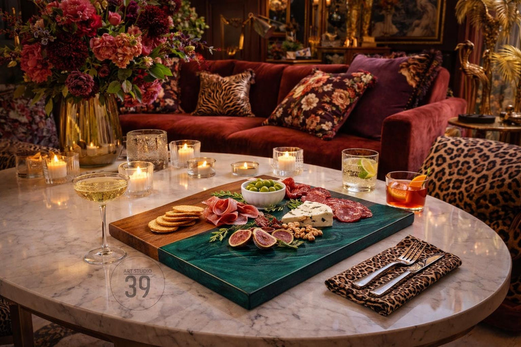 A marble-topped coffee table displays a charcuterie board with olives, cheese, meats, and figs. Champagne and cocktails sit nearby, with candles and a floral arrangement in the background. A red velvet sofa and leopard print accents complete the scene.