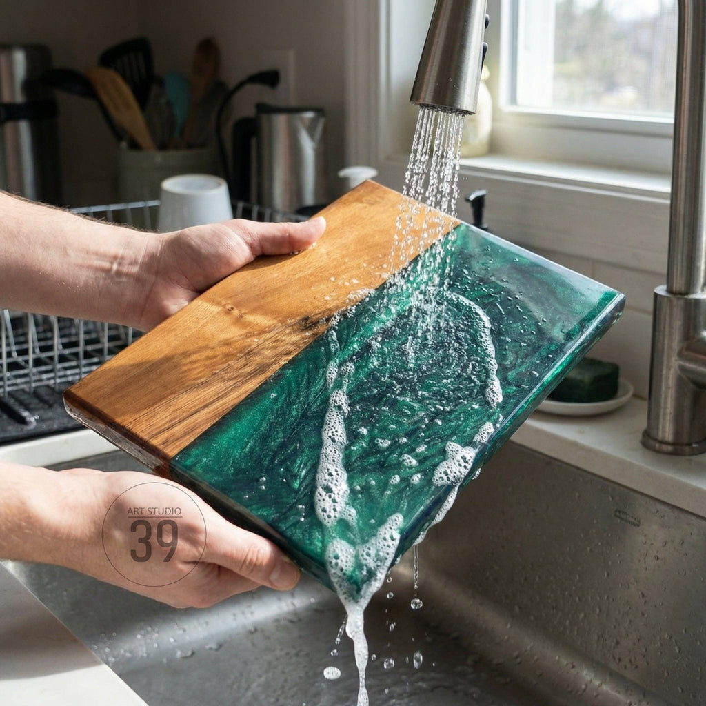 A rectangular wooden cutting board with a green epoxy resin design is being washed under a faucet. The board is divided into two sections: natural wood and a vibrant green resin. The wood grain is visible, and the resin has a glossy finish.