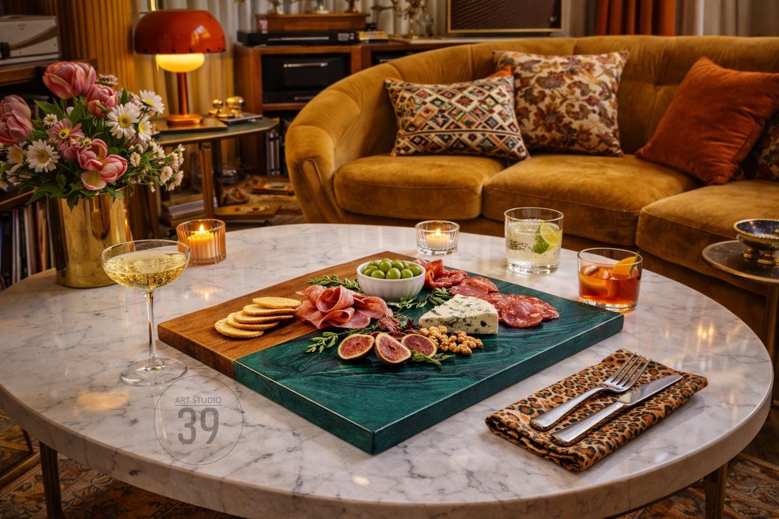 A charcuterie board with a wooden and green surface, laden with olives, cheese, meats, figs, and crackers. A glass of champagne and a cocktail sit on a marble table. A leopard print napkin with silverware is on the table.