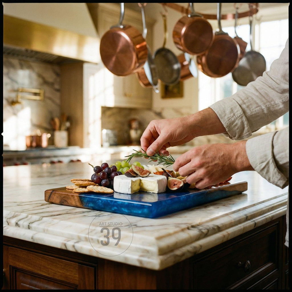 A wooden and blue resin serving board with cheese, grapes, figs, and crackers. A person is garnishing the board with rosemary. The board is on a marble countertop in a kitchen.