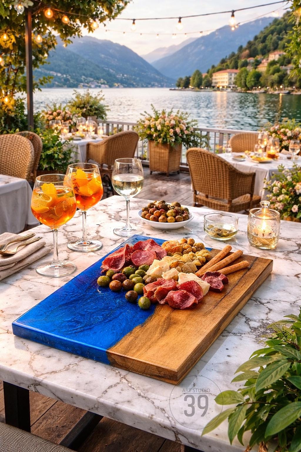 A charcuterie board with a blue resin and wood design, laden with olives, meats, cheeses, and breadsticks. Aperol spritzes and white wine glasses sit on a marble table, with a scenic lake and mountain backdrop.