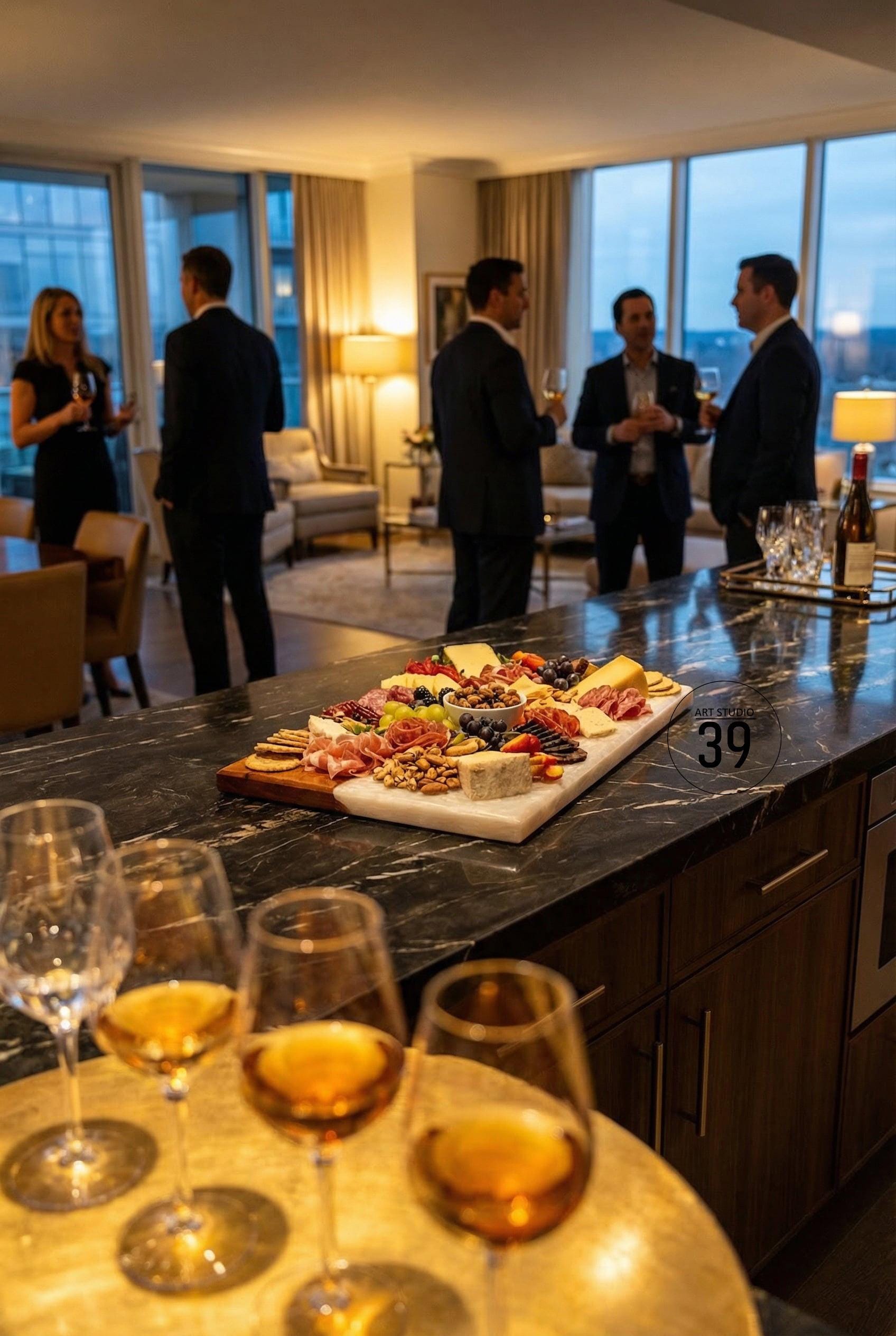 A charcuterie board with various cheeses, meats, fruits, and nuts, arranged on a marble serving board. Several wine glasses filled with amber liquid are in the foreground. A group of people are in the background, socializing in a well-lit room.