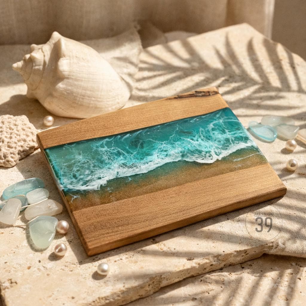 Wooden serving board with a turquoise resin ocean design. The board features a light brown wood base with a wave-like resin design. The board has a small, rounded corner with the number "39" printed on it.
