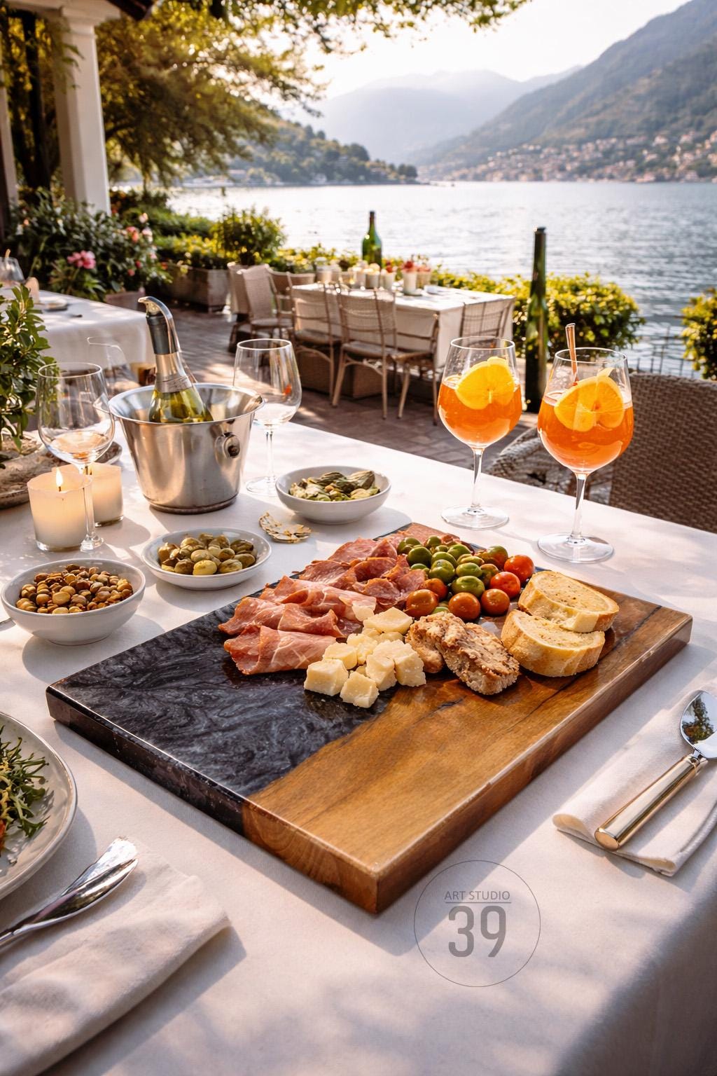 A table setting with appetizers and drinks. A wooden and marble serving board holds prosciutto, cheese, olives, and bread. Two orange cocktails sit next to the board. A bottle of wine chills in a silver bucket.