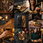 A collection of charcuterie boards, some with food, others empty. One board has the text "ART STUDIO 39". The boards are made of wood and dark stone. The image shows a variety of food, including cheese, crackers, and olives.