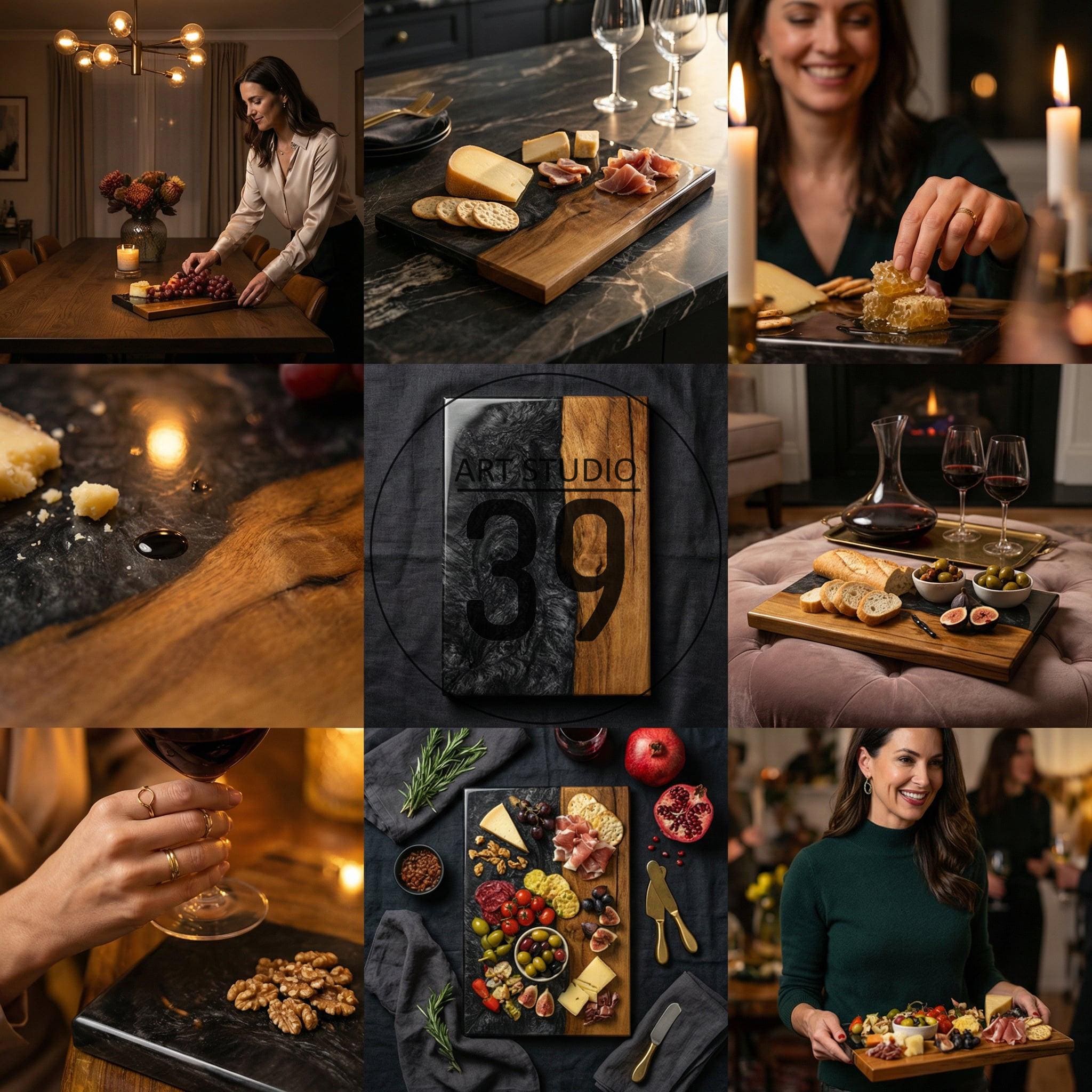 A collection of charcuterie boards, some with food, others empty. One board has the text "ART STUDIO 39". The boards are made of wood and dark stone. The image shows a variety of food, including cheese, crackers, and olives.