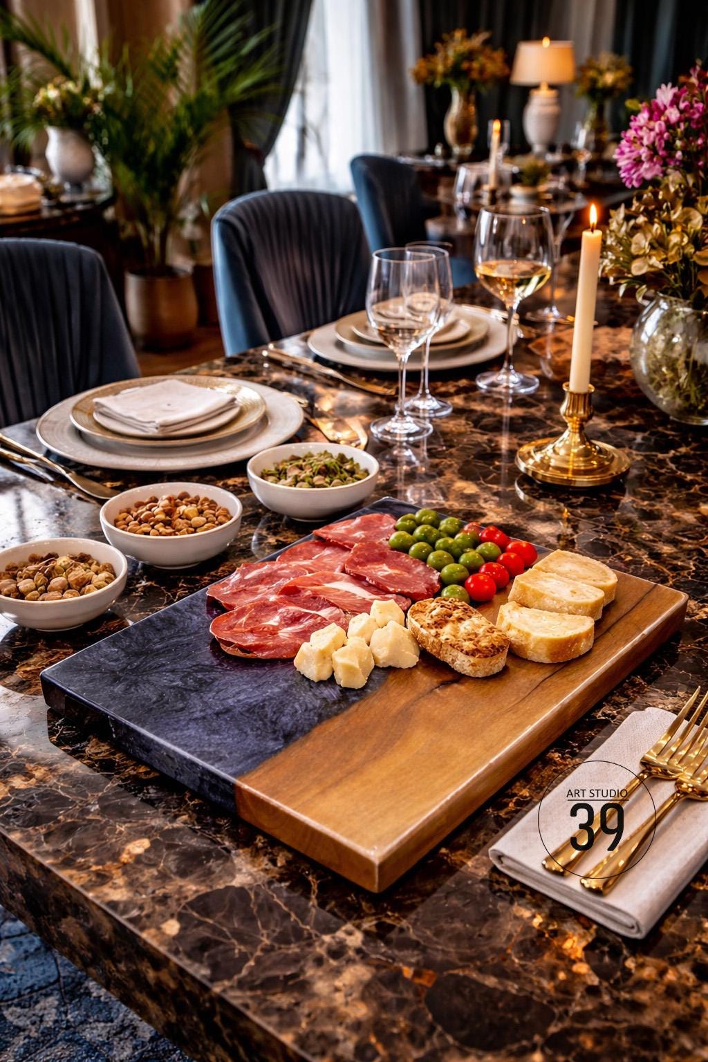 A charcuterie board with a dark blue and wood grain design, laden with sliced meats, cheese cubes, olives, and bread. Small bowls of nuts and olives surround the board. The table is set with fine china, wine glasses, and a lit candle.