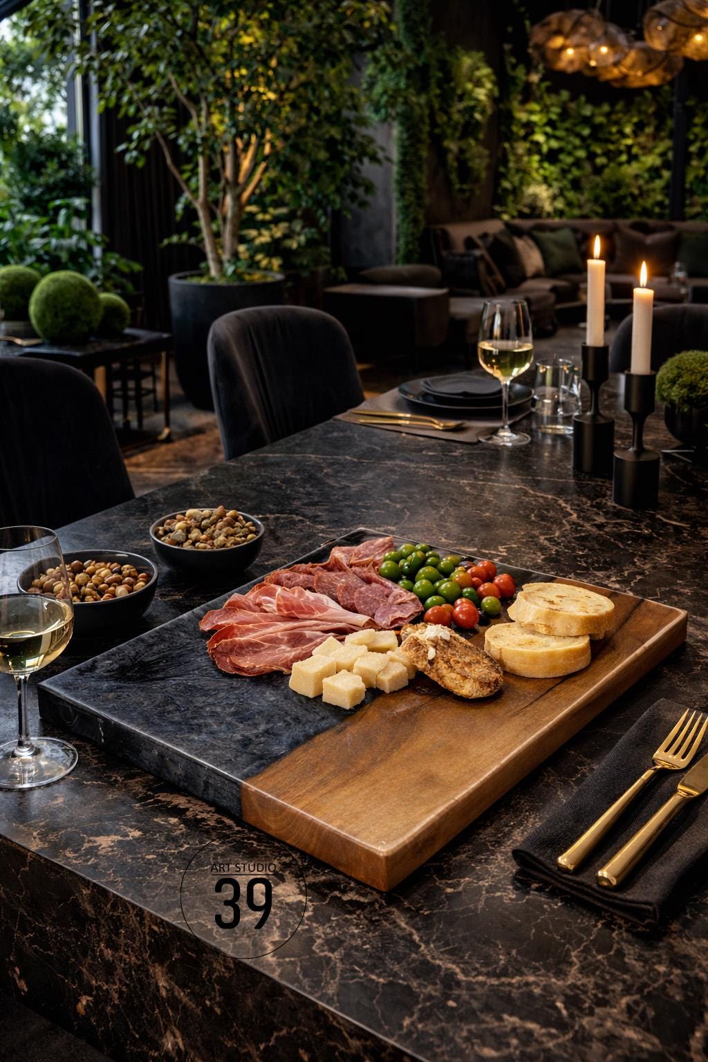 A charcuterie board with a dark marble and wood design, laden with cured meats, cheese cubes, olives, and bread. The table setting includes wine glasses, candles, and black bowls with nuts. The scene is set in a restaurant.