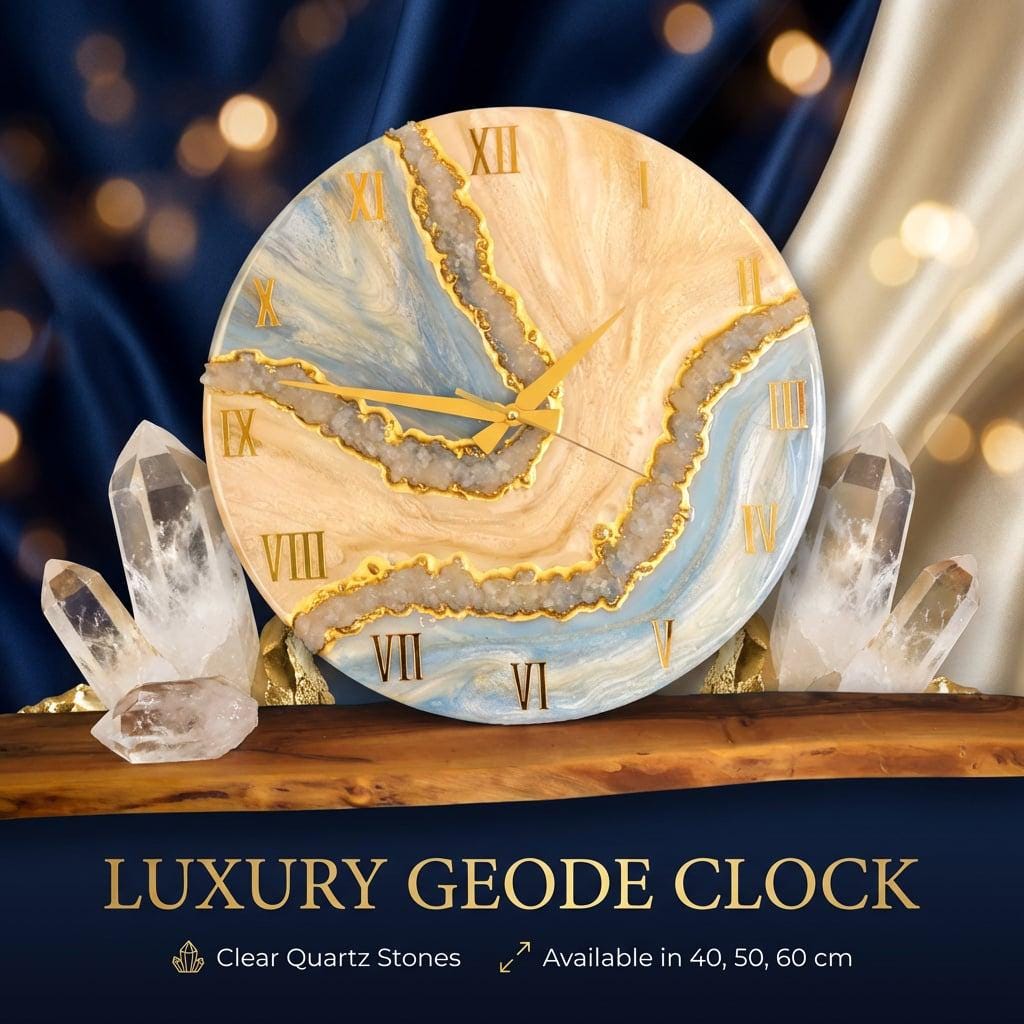 Luxury Geode Wall Clock with Real Quartz Crystals – Handmade Resin Clock in Cream Blue and Gold – 40 50 60 cm Statement Decor
