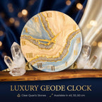 Luxury Geode Wall Clock with Real Quartz Crystals – Handmade Resin Clock in Cream Blue and Gold – 40 50 60 cm Statement Decor