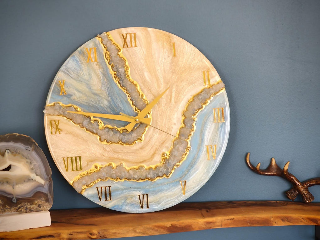 Luxury Geode Wall Clock with Real Quartz Crystals – Handmade Resin Clock in Cream Blue and Gold – 40 50 60 cm Statement Decor