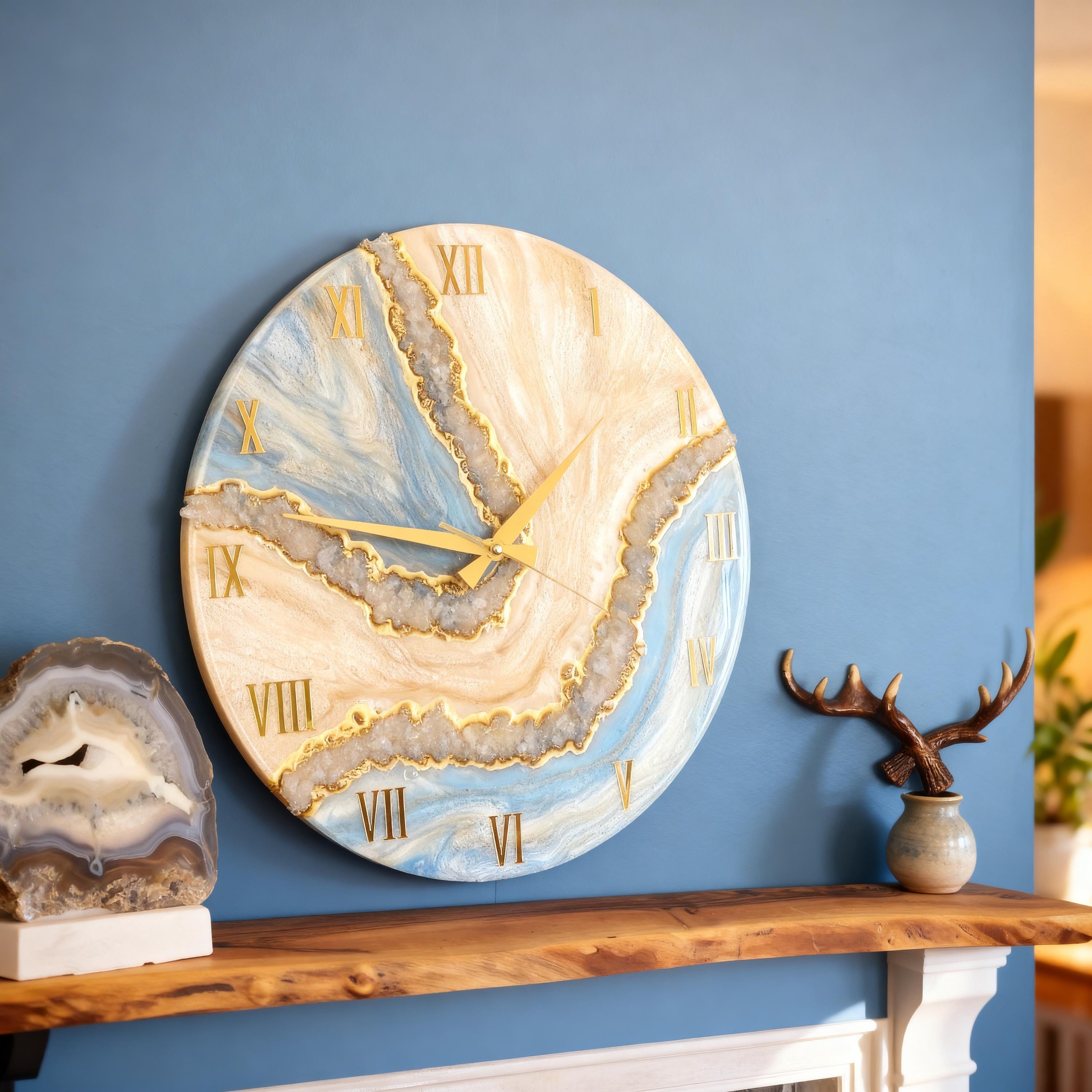 Luxury Geode Wall Clock with Real Quartz Crystals – Handmade Resin Clock in Cream Blue and Gold – 40 50 60 cm Statement Decor