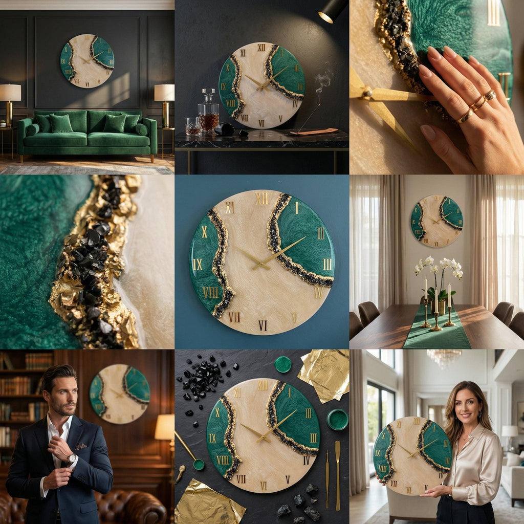 A round wall clock featuring a cream-colored center with deep emerald green sections on the sides. A jagged, textured line of black and gold metallic accents runs through the middle. The clock has gold hands and gold Roman numerals.