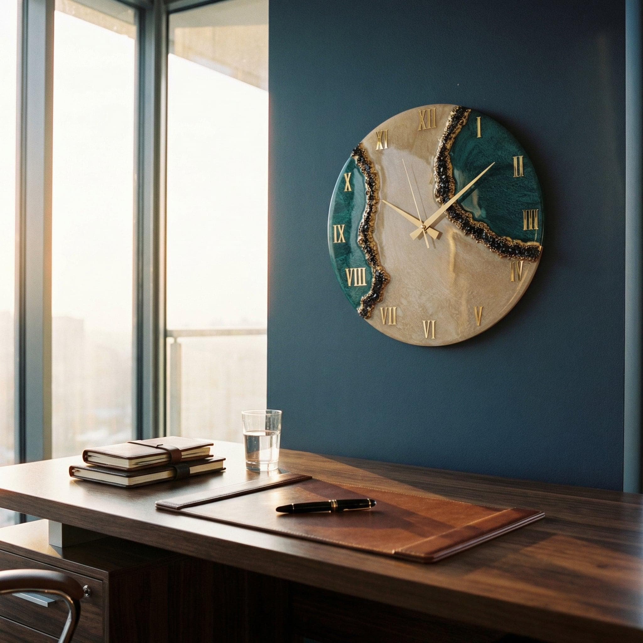 A round wall clock featuring a cream and teal resin face with a textured, dark, glittery geode-style fissure running diagonally. It has gold-colored Roman numerals and thin gold hands, mounted on a dark blue wall above a desk.