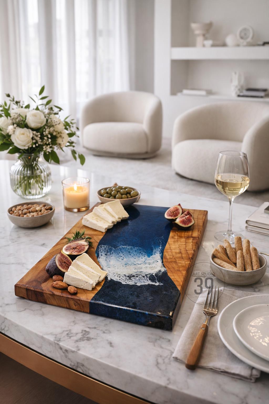 A wooden serving board with a blue resin river design, holding cheese, figs, and almonds. A glass of wine, breadsticks, and olives are also on the marble table. A bouquet of white roses and a lit candle are also present.