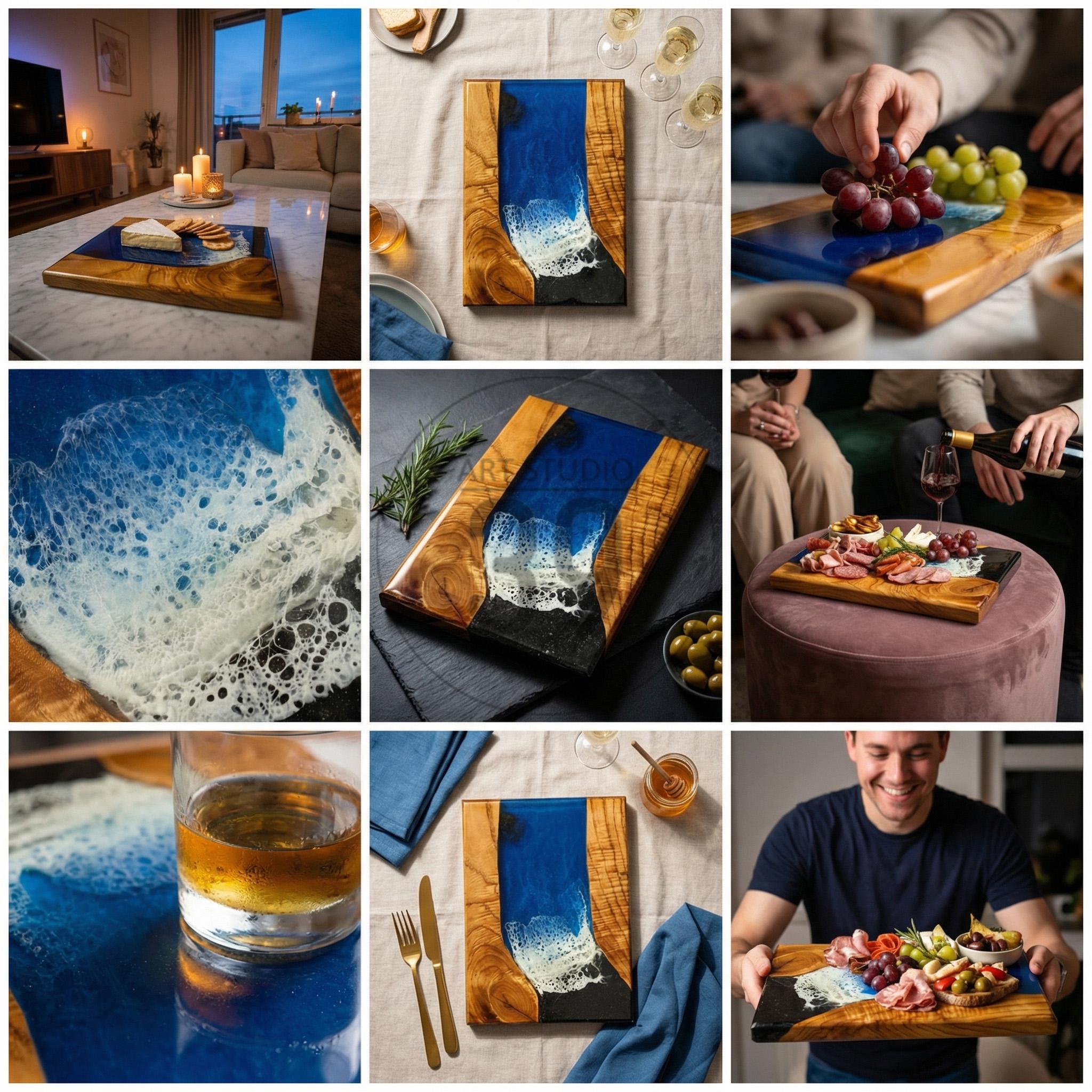 Dark Ocean Walnut Resin Serving Board with Obsidian Beach – Charcuterie Cheese Board 24x32 cm