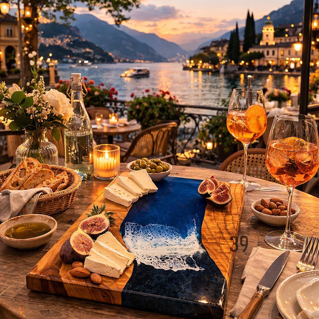 A wooden serving board with a blue resin river design, adorned with cheese, figs, and almonds. Two wine glasses with orange slices sit beside the board. A basket of bread, olives, and a candle complete the scene.