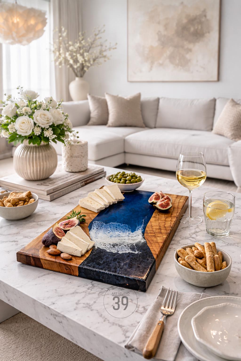 A wooden serving board with a blue and white resin design, featuring cheese, figs, and almonds. The board is on a marble table, with a glass of wine and other snacks. The overall theme is home decor and entertaining.