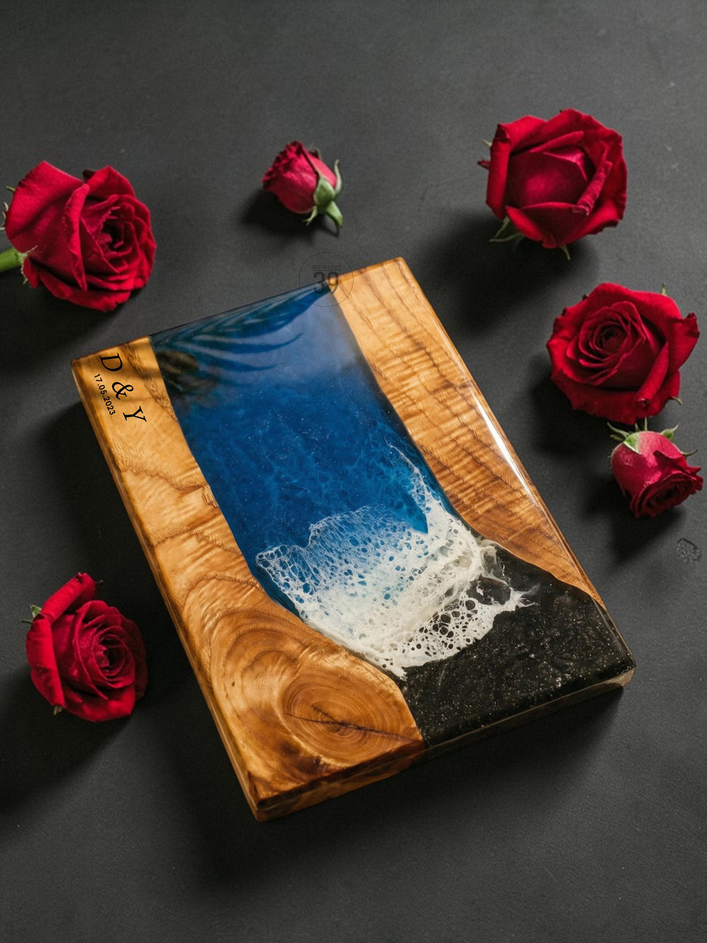 Dark Ocean Walnut Resin Serving Board with Obsidian Beach – Charcuterie Cheese Board 24x32 cm