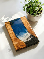 Dark Ocean Walnut Resin Serving Board with Obsidian Beach – Charcuterie Cheese Board 24x32 cm