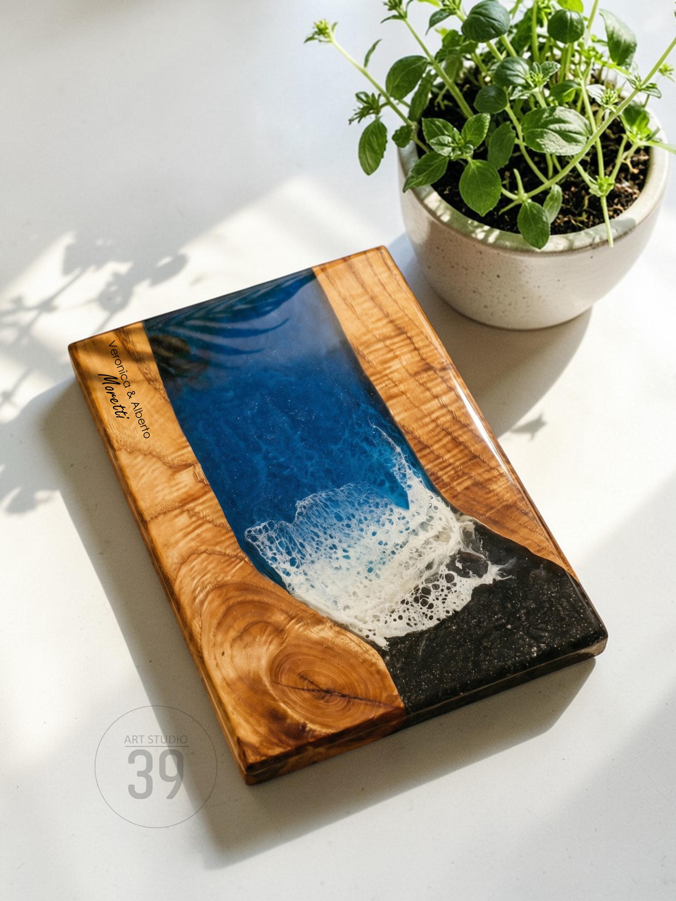Dark Ocean Walnut Resin Serving Board with Obsidian Beach – Charcuterie Cheese Board 24x32 cm