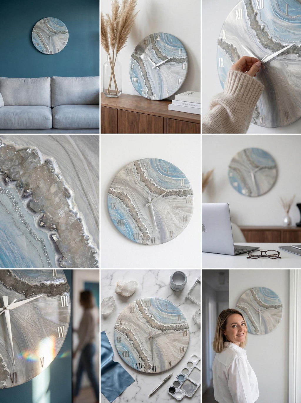 Handmade Geode Resin Clock with Real Quartz Crystals – White Turquoise Silver Statement Decor