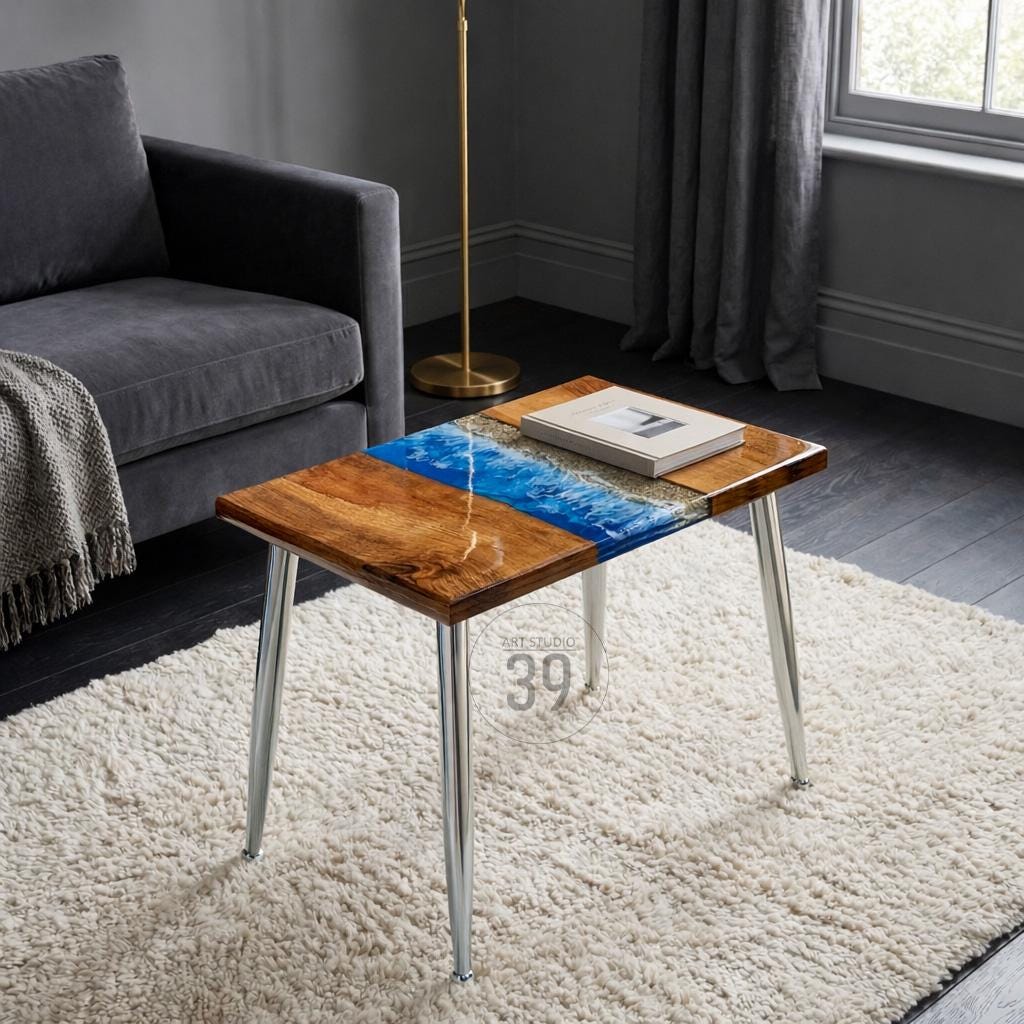 Dark Ocean Walnut Coffee Table – Handmade Resin River Table – Luxury Modern Living Room