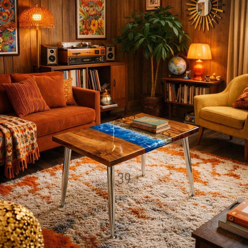 A square coffee table with a wooden top and a blue resin river design. The table has polished metal legs and sits on a patterned rug. The room has a retro aesthetic with orange and brown tones.