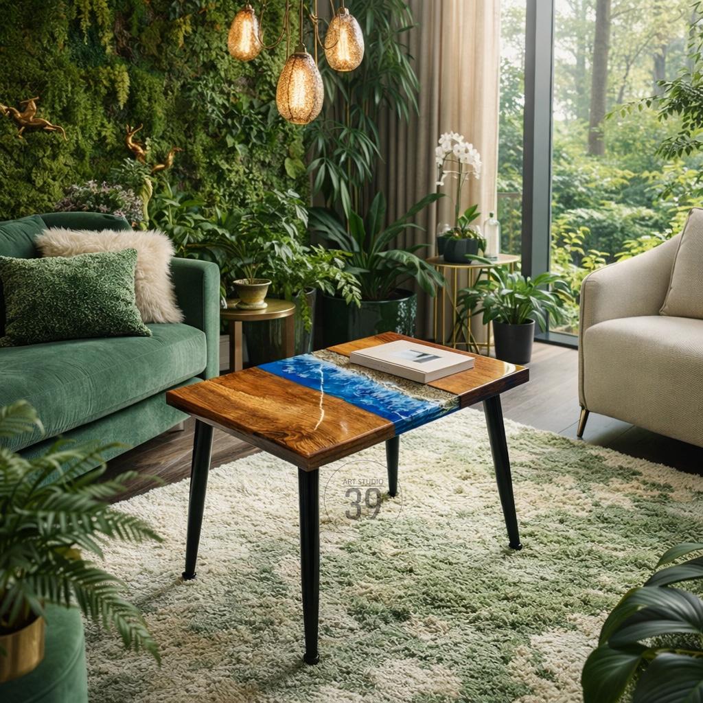A rectangular coffee table with a wood grain surface and blue resin river design. The table has black legs and a book on top. The table is surrounded by plants and a green rug.